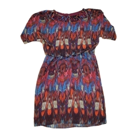Ronni Nicole Abstract Print Dress Brown Blue‎ Orange Short Sleeve Casual Mini 6 - Picture 3 of 9